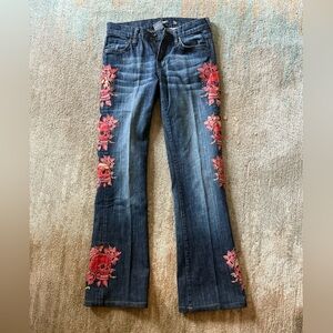 Christian Audigier / Ed Hardy Blue Jeans with red leather Skull & Floral detail